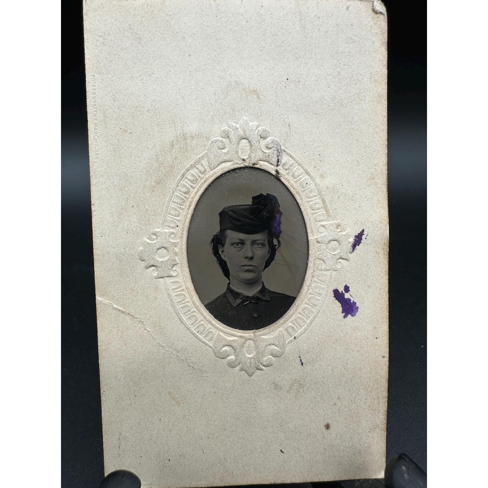 Antique Tintype Photo Woman in Hat CDV Portrait with Revenue Stamp Back